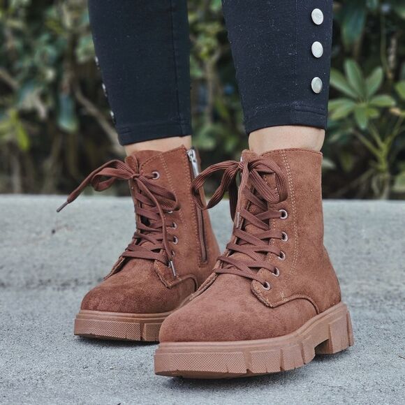 Womens Suede Brown Combat Ankle Boots Lace Up Heeled - Picture 2 of 6
